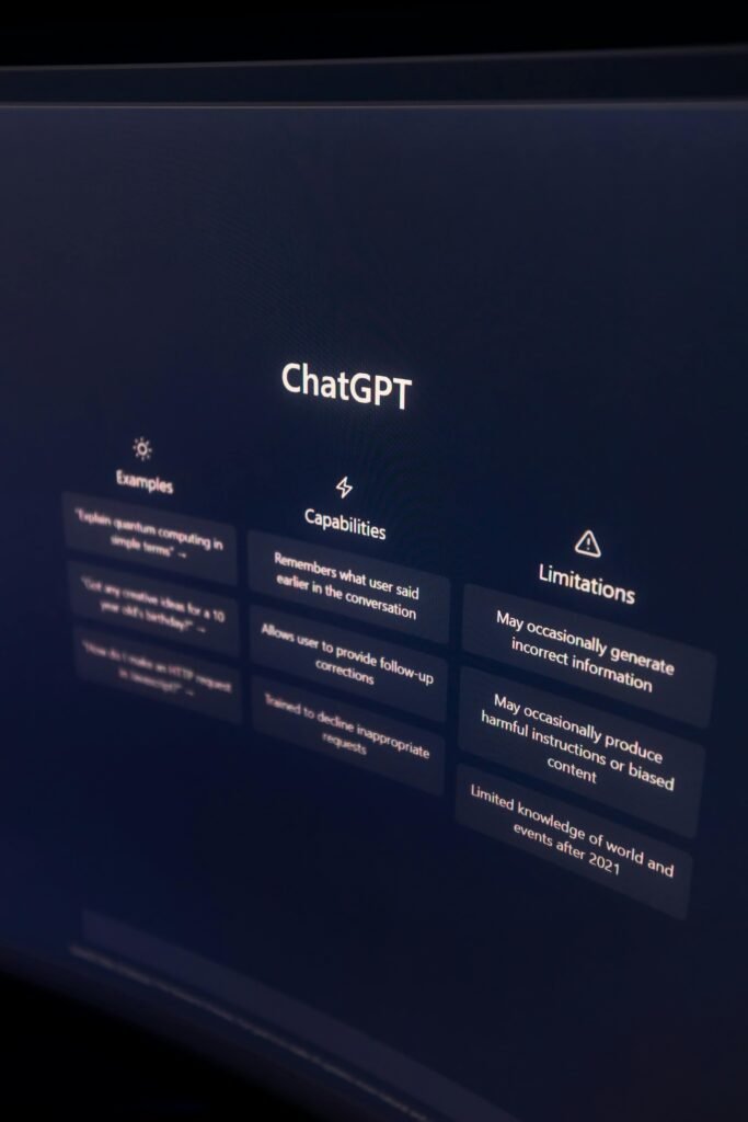 High-resolution image of ChatGPT interface displayed on a monitor, highlighting its capabilities and limitations.